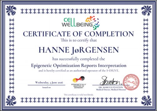 Cell Wellbeing-certifikat udstedt til Hanne Jørgensen den 3. juni 2026
