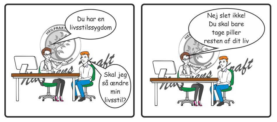 En læge informerer en patient om, at han har fået en livsstilssygdom. Patienten spørger, om han skal ændre sin livsstil, men lægen svarer, at han i stedet skal tage piller resten af livet. Illustration af sundhed, helbred og behandling af livsstilssygdomme uden livsstilsændringer.